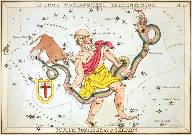 Ophiuchus holding the serpent, Serpens, as depicted in Urania's Mirror